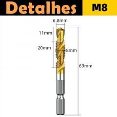 Broca Macho Com Rosca Métrica M8 De Aço Rápido Para Encaixe Sextavado Em Furadeira